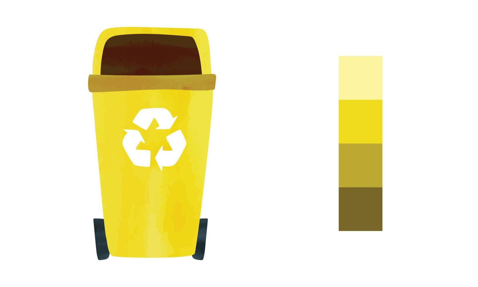 Yellow recycling bin with recycle symbol watercolor drawing isolated on white background. Recycle bin clipart. Rubbish can vector illustration. Simple garbage can hand drawn cartoon