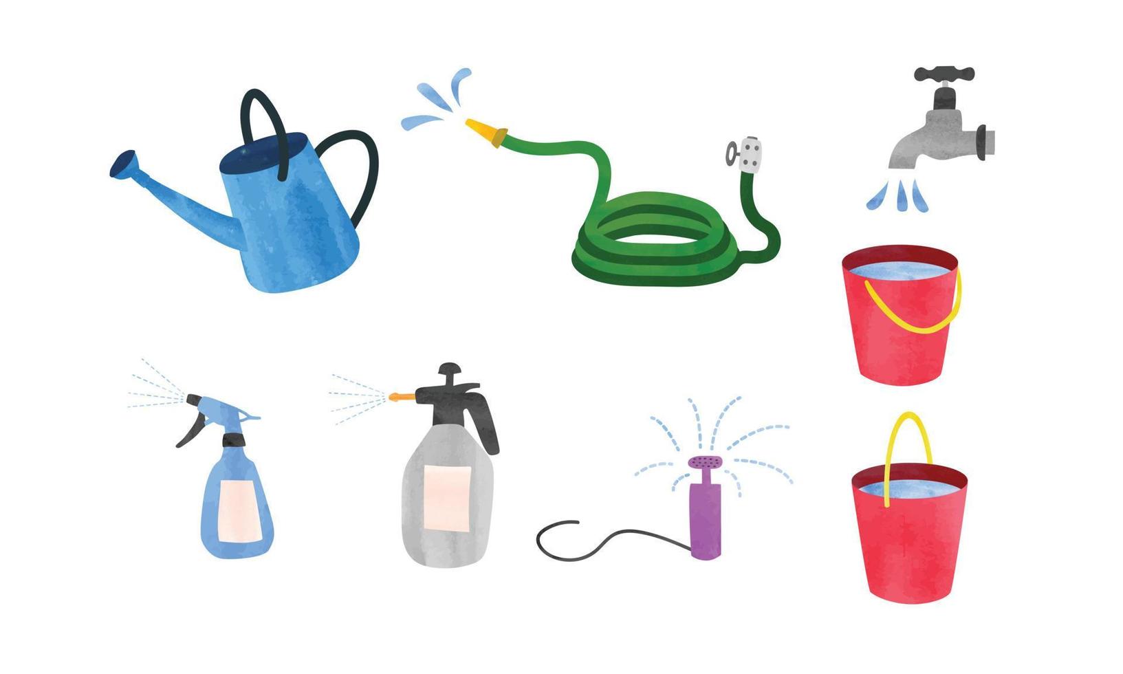 Simple garden watering tools set watercolor hand drawn painting isolated on white background. Watering can, garden hose, tap, faucet, sprayer, water bucket, sprinkler clipart. Vector illustration