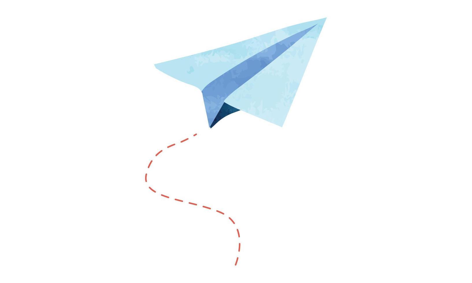 Blue paper plane watercolor drawing vector illustration isolated on white background. Handmade folded paper airplane clipart. Cute watercolor hand draw paper plane illustration, artistic drawing