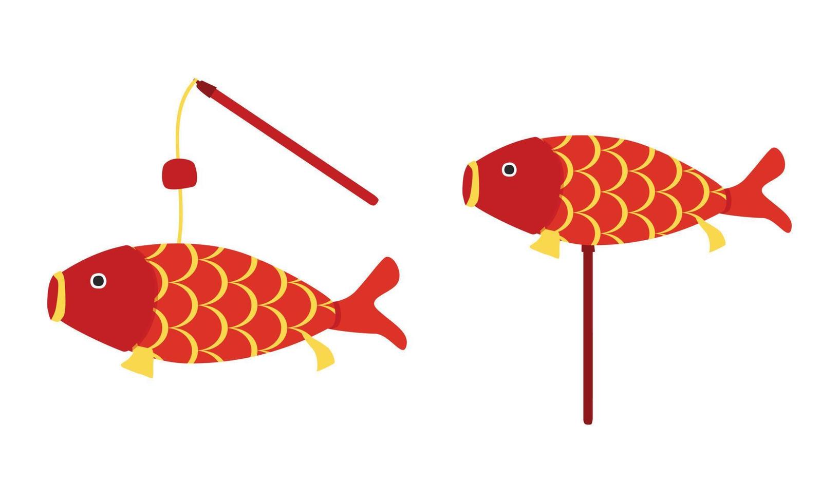 Carp-shaped lantern clipart. Simple carp lanterns with stick and wire vector design illustration on white background. Mid-Autumn Festival or Moon Festival lantern cartoon drawing. Mooncake Festival