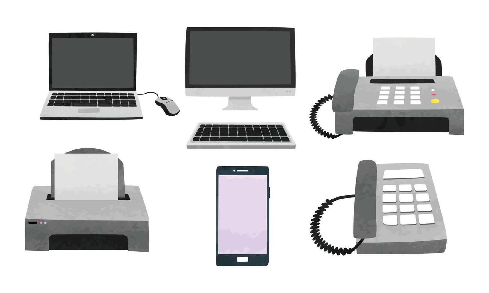 conjunto de imágenes prediseñadas de equipos de oficina. computadora portátil simple, monitor, teclado, mouse de computadora, máquina de fax, impresora, teléfono inteligente y teléfono estilo acuarela ilustración vectorial. estilo de dibujos animados de electrodomésticos de oficina vector