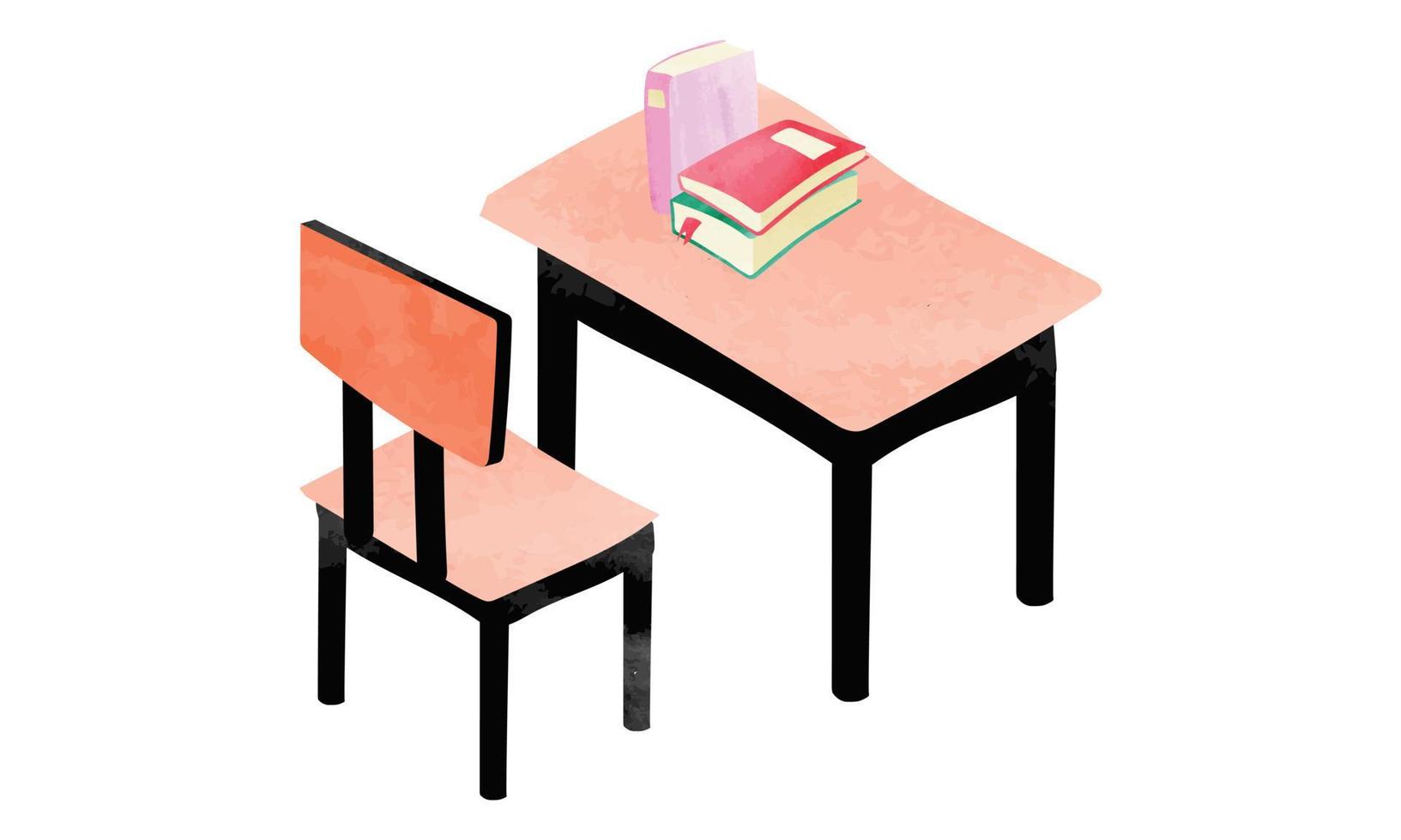 Student desk and chair watercolor style vector illustration isolated on white background. Watercolor school desk and chair clipart. School supplies. Elementary classroom wooden furniture