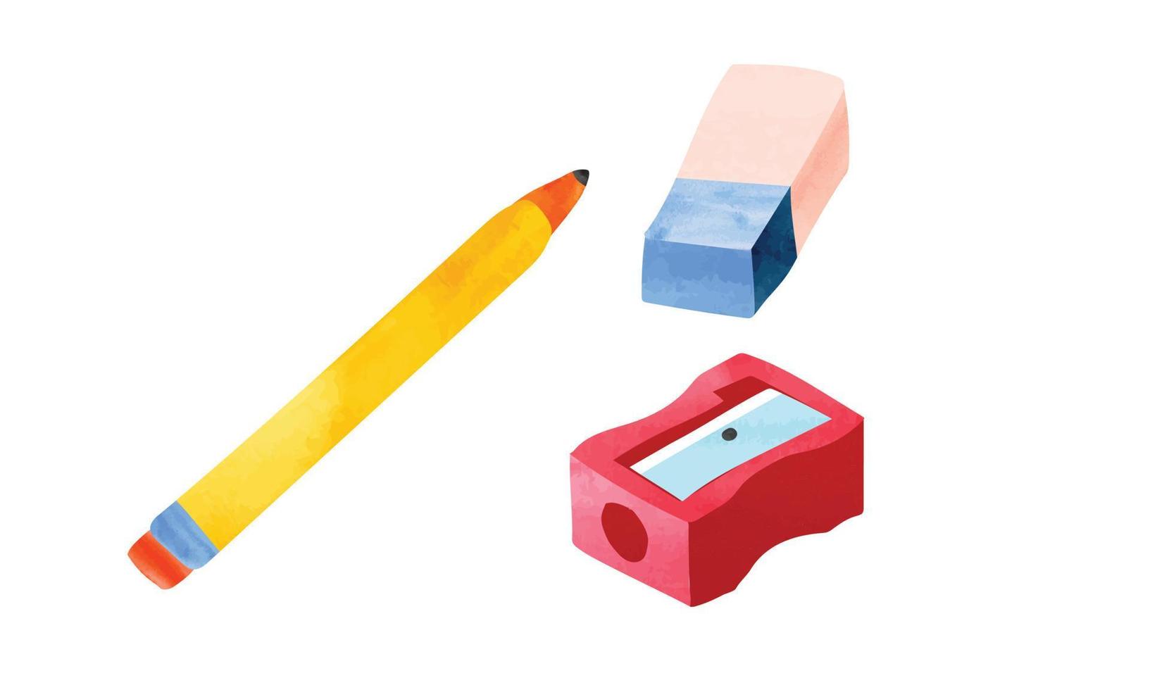 Set of pencil, sharpener and eraser watercolor drawing style vector illustration isolated on white background. Pencil watercolor, sharpener watercolor, eraser watercolor clipart. School supplies