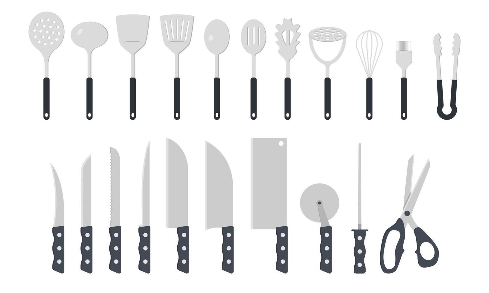 https://static.vecteezy.com/system/resources/previews/011/064/879/non_2x/set-of-kitchen-utensils-clipart-illustration-kitchen-tools-with-plastic-handle-flat-design-knife-set-santoku-cleaver-pizza-cutter-ladle-spatula-spoon-sign-web-icon-cooking-tool-concept-vector.jpg