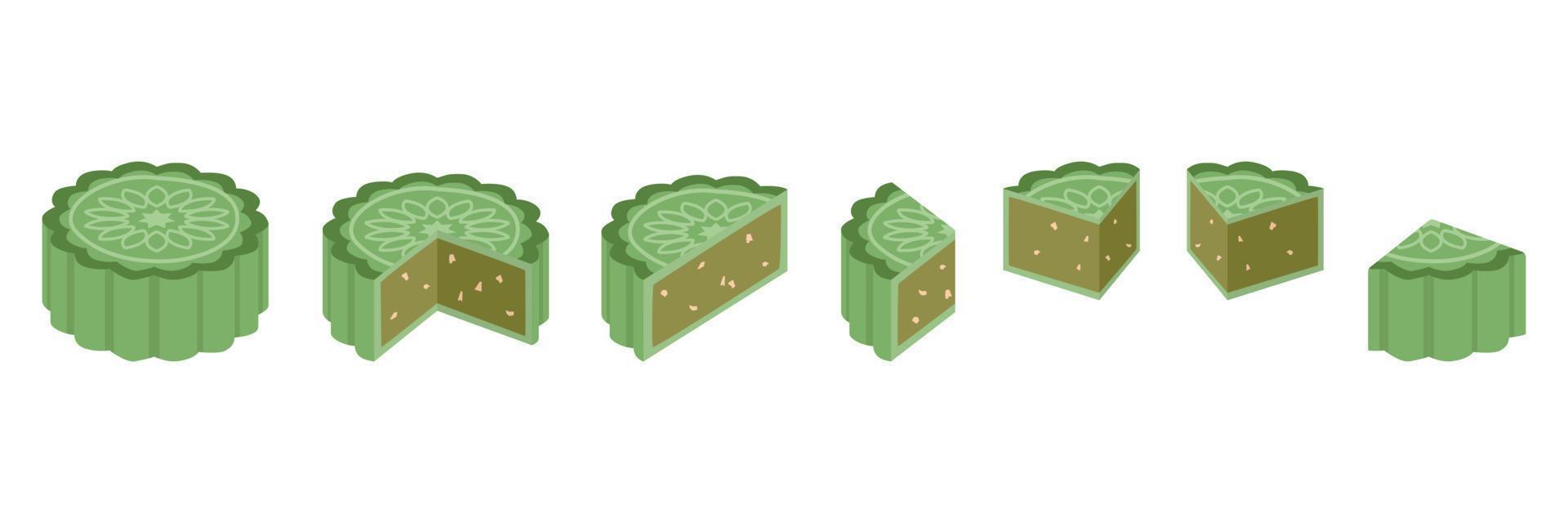 Set of whole, half, quarter cut slice of matcha green tea mooncake with green tea and pumpkin seeds ingredient filling clipart. Green mooncake vector design illustration. Mid-Autumn Festival moon cake