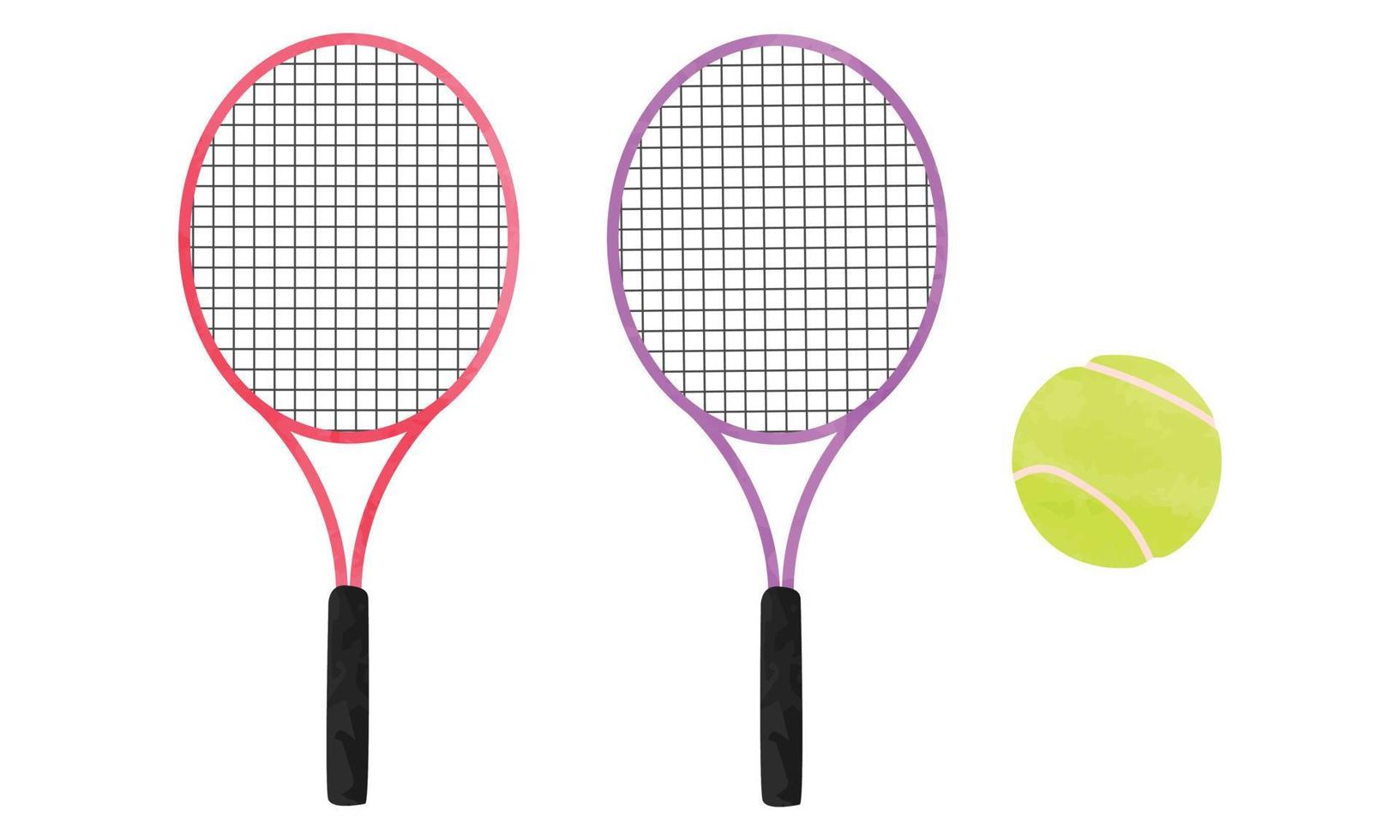 Set of tennis rackets and ball watercolor style vector illustration isolated on white background. Tennis racket and ball clipart. Simple tennis racket cartoon drawing style. Sport equipment hand drawn
