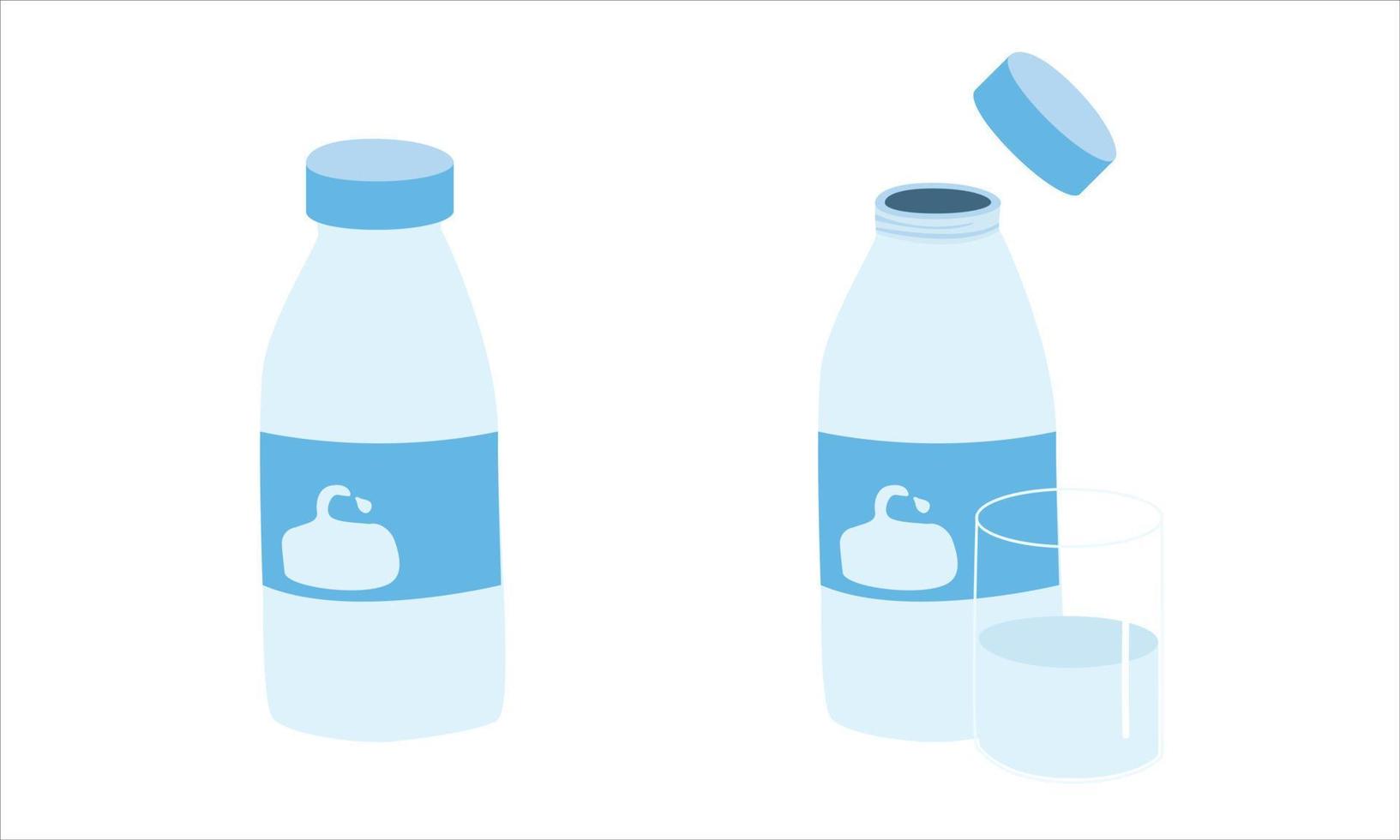 Set of milk in glass bottle vector design. Glass bottle of milk with cap. Milk bottle with screw cap cartoon style cute drawing. Milk bottle and glass doodle. Dairy products concept.