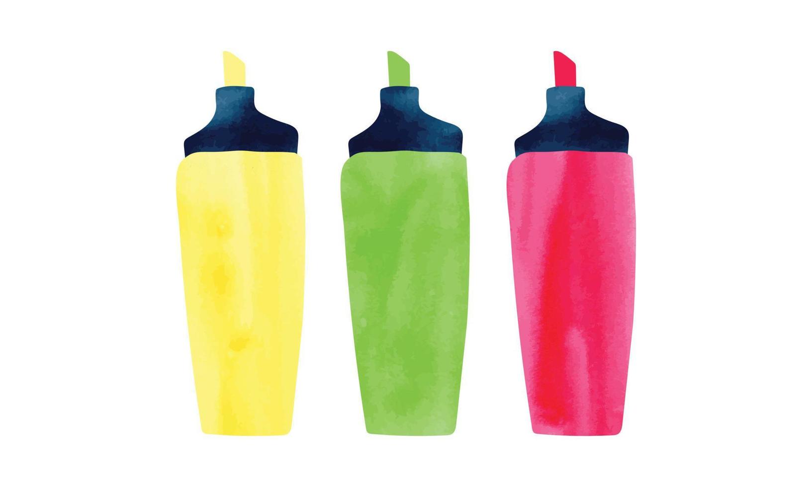 Multicolored highlighter pen marker set watercolor style vector