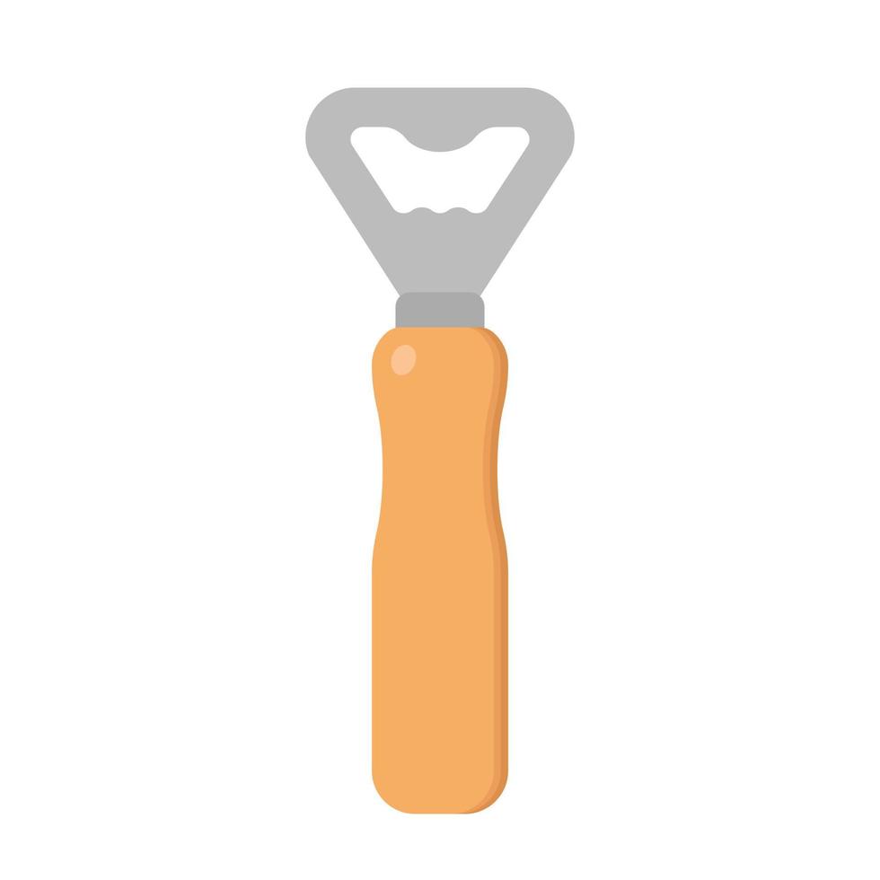 Bottle opener clipart vector illustration. Beer bottle opener with wooden handle flat design. Simple bottle opener sign icon. Steel bottle opener cartoon clipart. Kitchen utensils concept symbol