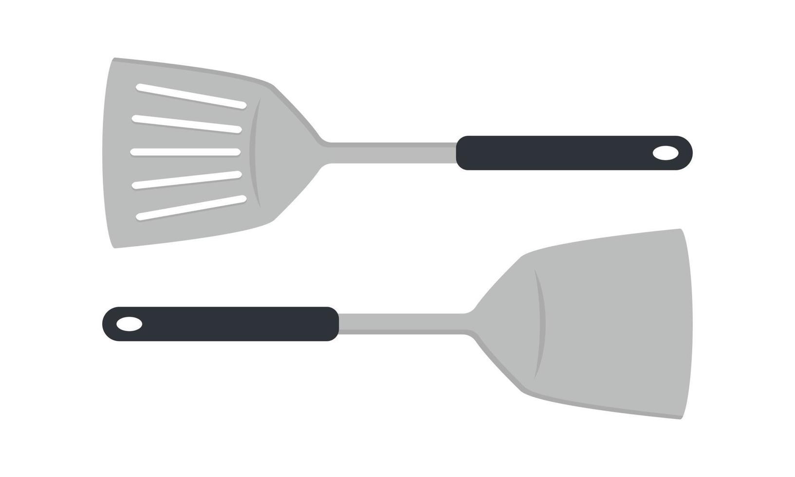 Set of kitchen spatula clipart vector illustration. Solid and slotted spatula flat vector design. Kitchen spatula icon isolated on white. Spatula with plastic handle cartoon clipart. Kitchen concept