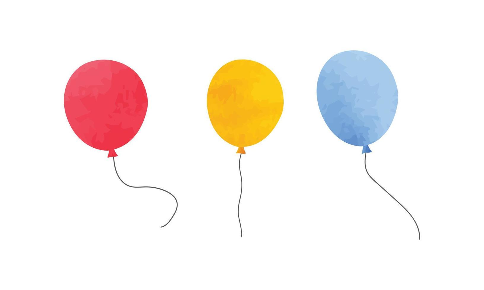 Simple balloons clipart. Set of multicolored balloons in cartoon style. Bunch of flying balloons with rope for birthday and party. Watercolor balloon vector illustration isolated on white background