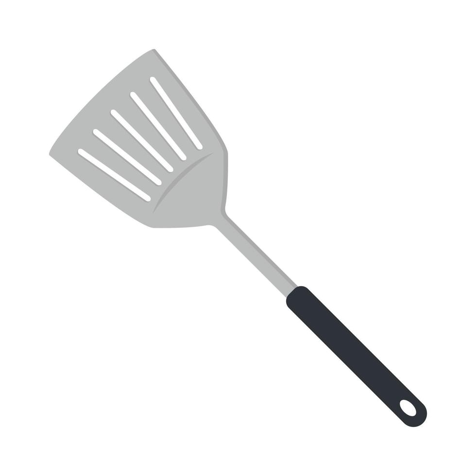 Kitchen spatula clipart vector illustration. Slotted spatula flat vector design. Kitchen spatula icon isolated on white. Metal spatula with plastic handle cartoon clipart. Kitchen concept symbol