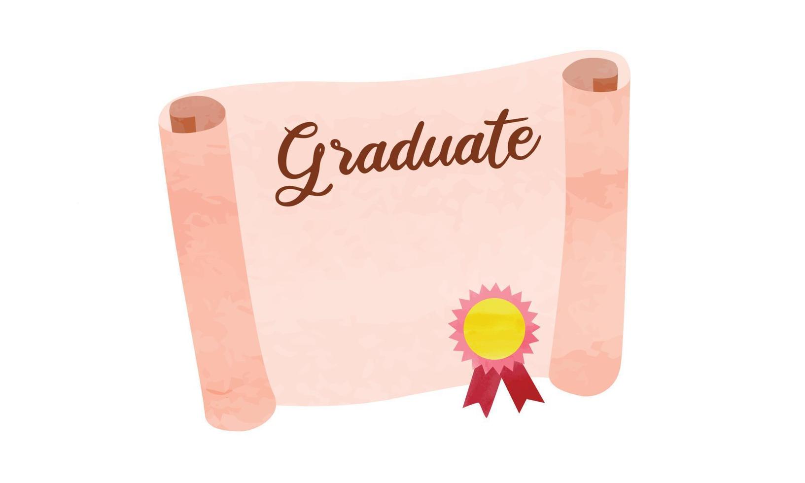 Simple opened graduation diploma with award ribbon clipart. Graduation diploma watercolor style vector illustration isolated. Horizontal graduate degree cartoon hand drawn. Graduation concept