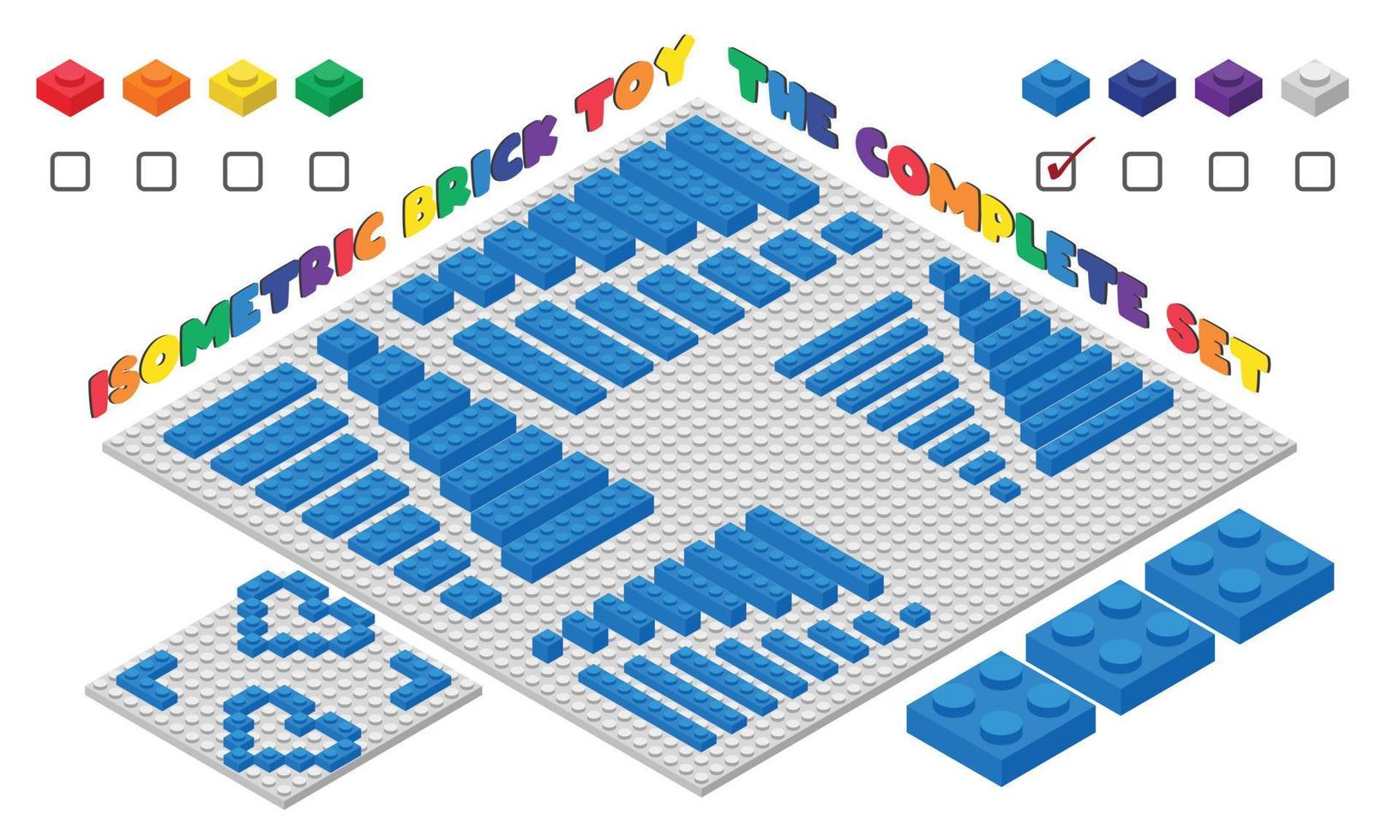 The complete set of BLUE 3d children brick toy isometric style. Plastic building blocks toy vector illustration isolated on white. Square building brick toy flat design. Plastic brick toy with sample