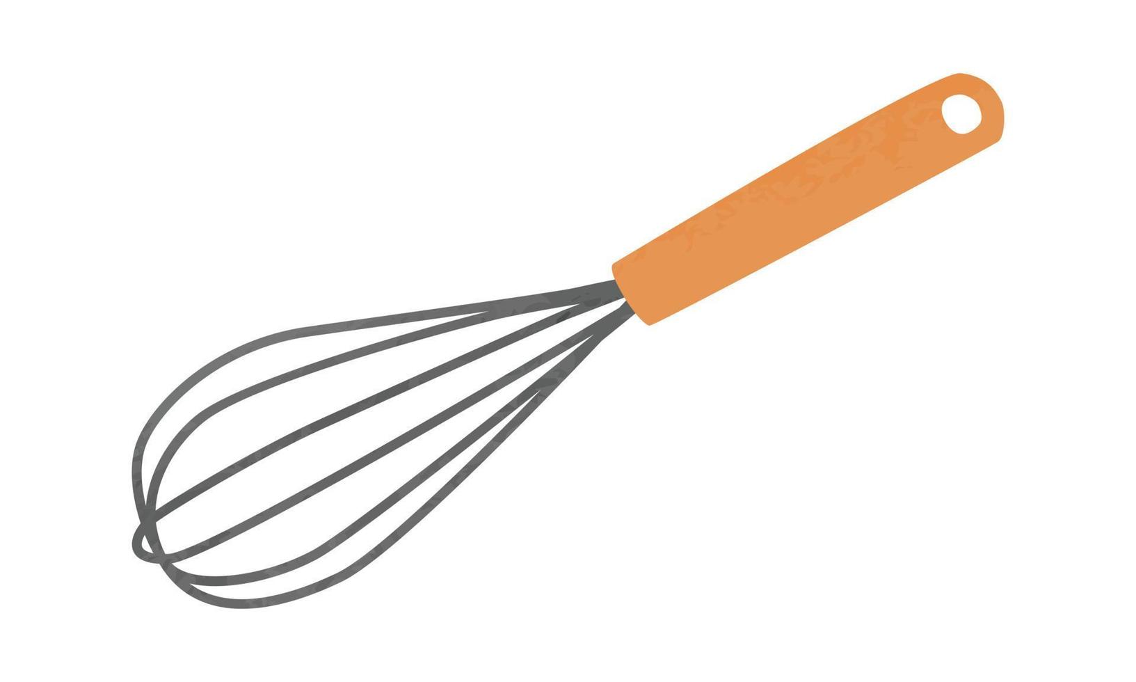 Simple whisk watercolor drawing vector illustration isolated on white background. Balloon whisk clipart. Whisk with wooden handle cartoon hand drawn. Kitchen utensils for mixing, whisking, cooking egg