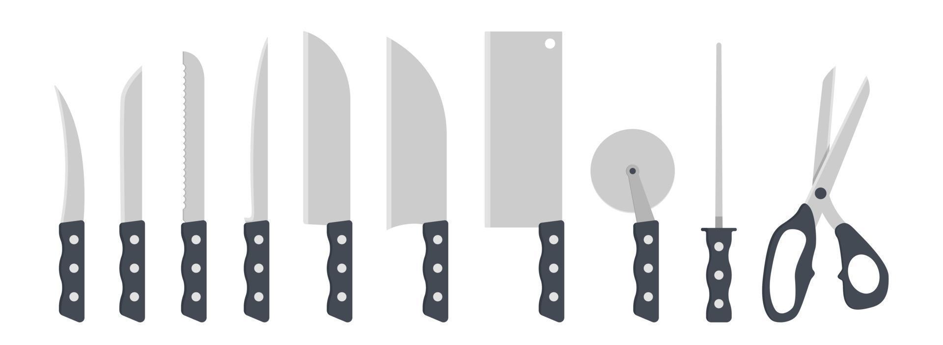 conjunto de ilustración de vector de imágenes prediseñadas de cuchillos de cocina. cuchillo con mango de plástico de diseño plano. cáscara, verdura, filete, santoku, cuchilla, cortador de pizza, afilador de cuchillos, tijeras. logotipo de icono de concepto de cocina