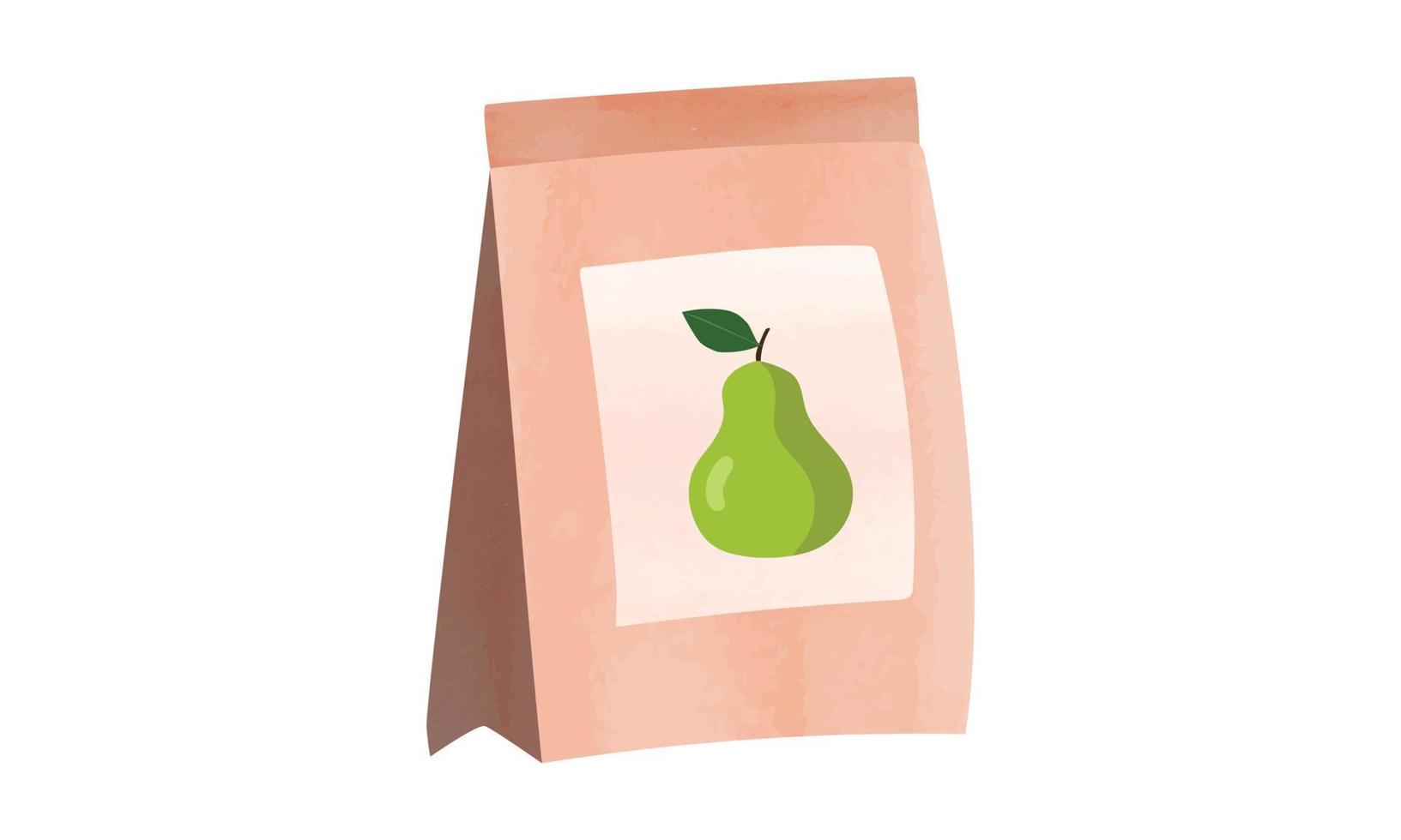 Pear seeds package watercolor illustration isolated on white background. Pack of pear seeds clipart cartoon style. Vegetable seeds package watercolor drawing. Garden work. Garden package of seeds vector