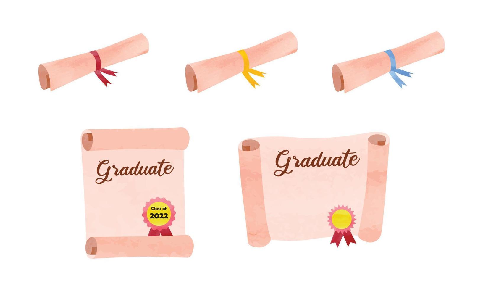 Set of graduation diploma paper opened and scrolled clipart. Diploma scroll with ribbon watercolor vector illustration isolated on white. Graduation degree scroll cartoon clipart