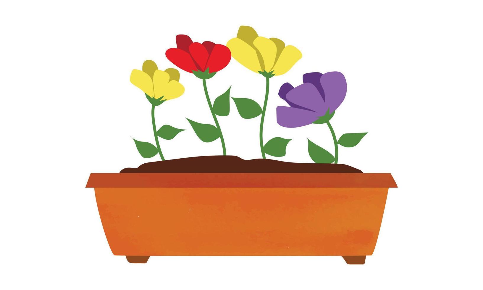 Rectangular pot with colorful flowers watercolor drawing isolated on white background. Rectangular flower pot clipart. Brown plastic flower pot cartoon style. Hand drawn flower pot vector