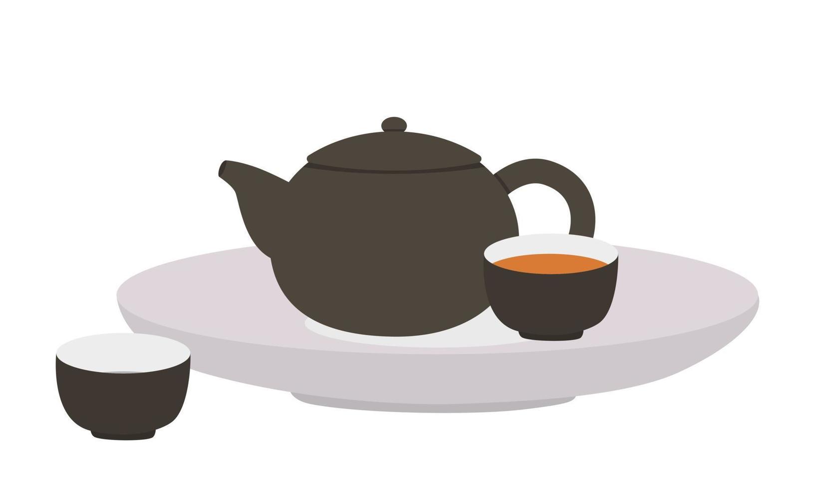 imágenes prediseñadas de juego de té negro. tetera marrón china y tazas de té en una ilustración de diseño de vector de placa. festival asiático del medio otoño, festival de la luna o concepto del festival mooncake estilo plano de dibujos animados