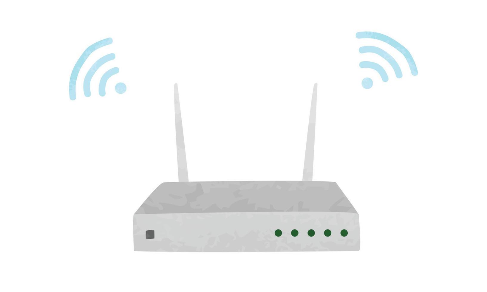 Wifi network router clipart. Wireless network router with wifi wave signal watercolor style vector illustration isolated on white background. Wireless broadband modem with antennas cartoon hand drawn