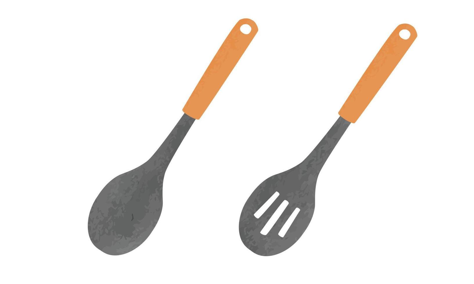 Set of Cooking spoon with wooden handle watercolor style. Solid spoon and slotted spoon clipart vector illustration isolated on white background. Kitchen utensils clipart. Cooking tools hand drawn