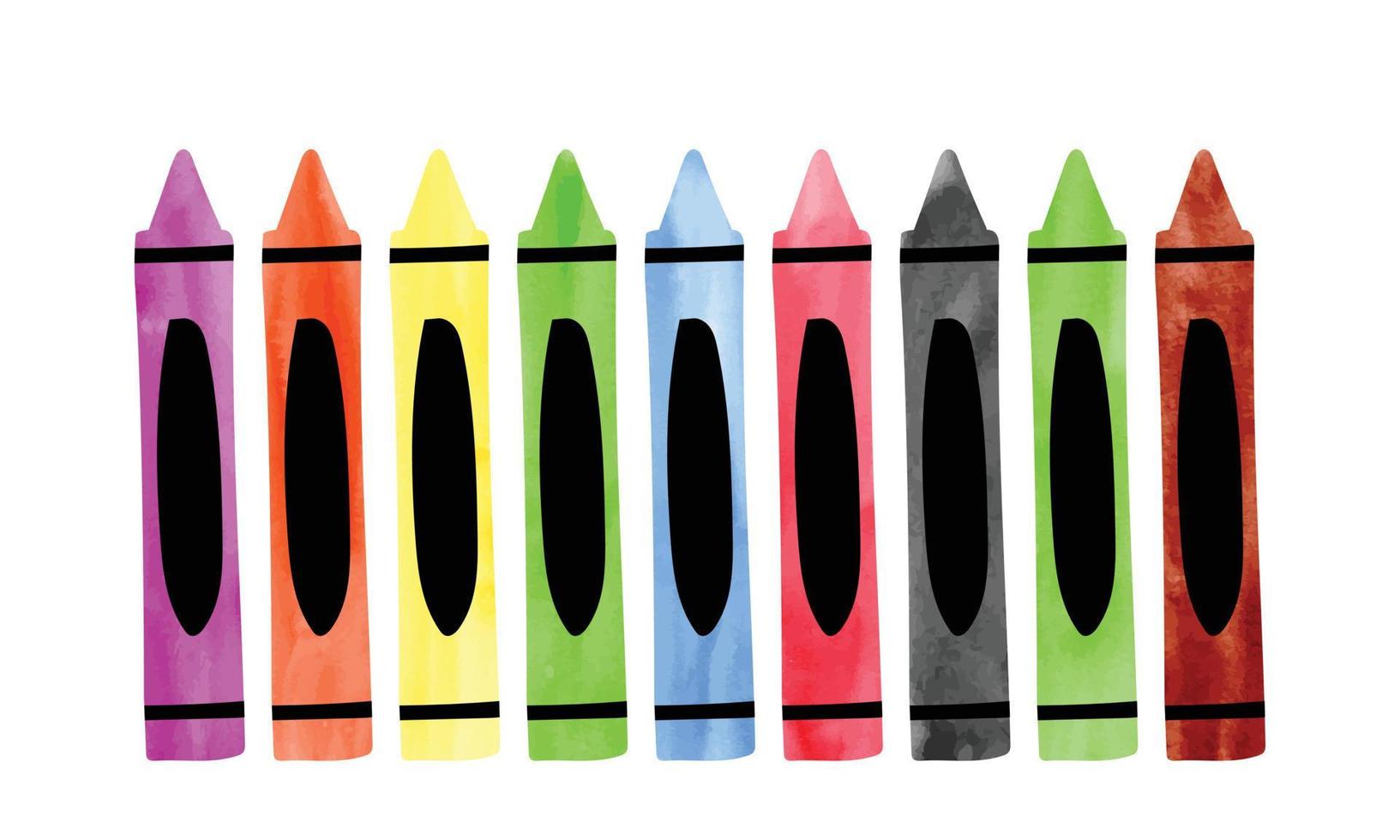 Simple colorful crayons rainbow watercolor vector illustration isolated on white background. Watercolor crayons clipart. Crayons set cartoon style hand drawn