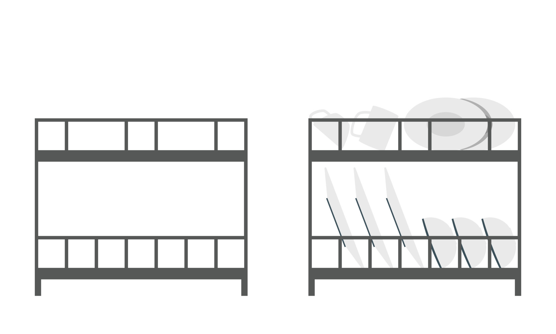 Clean plates in dish drying rack clipart vector illustration. Simple