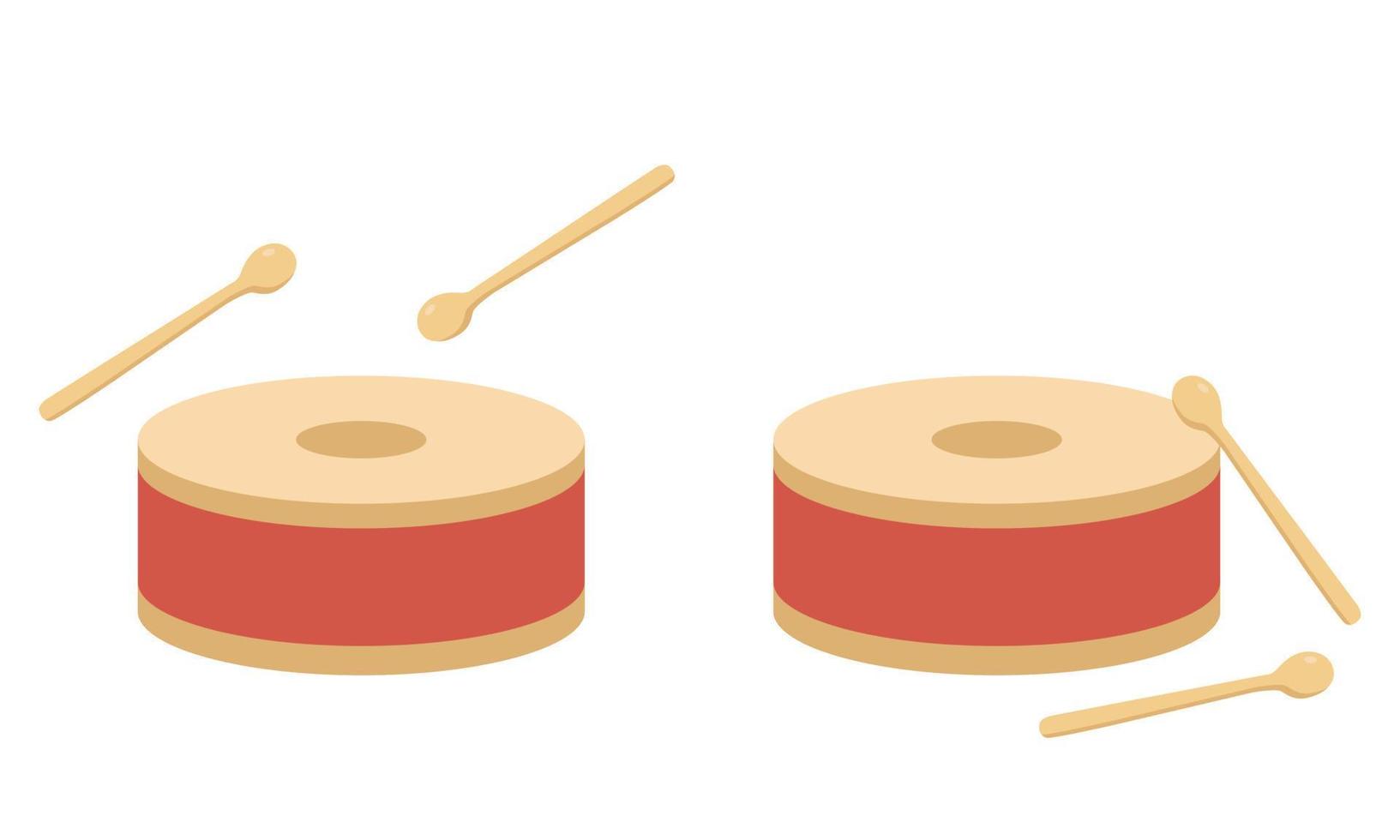 Red drum and wooden drum sticks vector design. Simple small drum flat style illustration isolated on white. Percussion family musical instrument cartoon style. Mid Autumn Children Festival toy concept