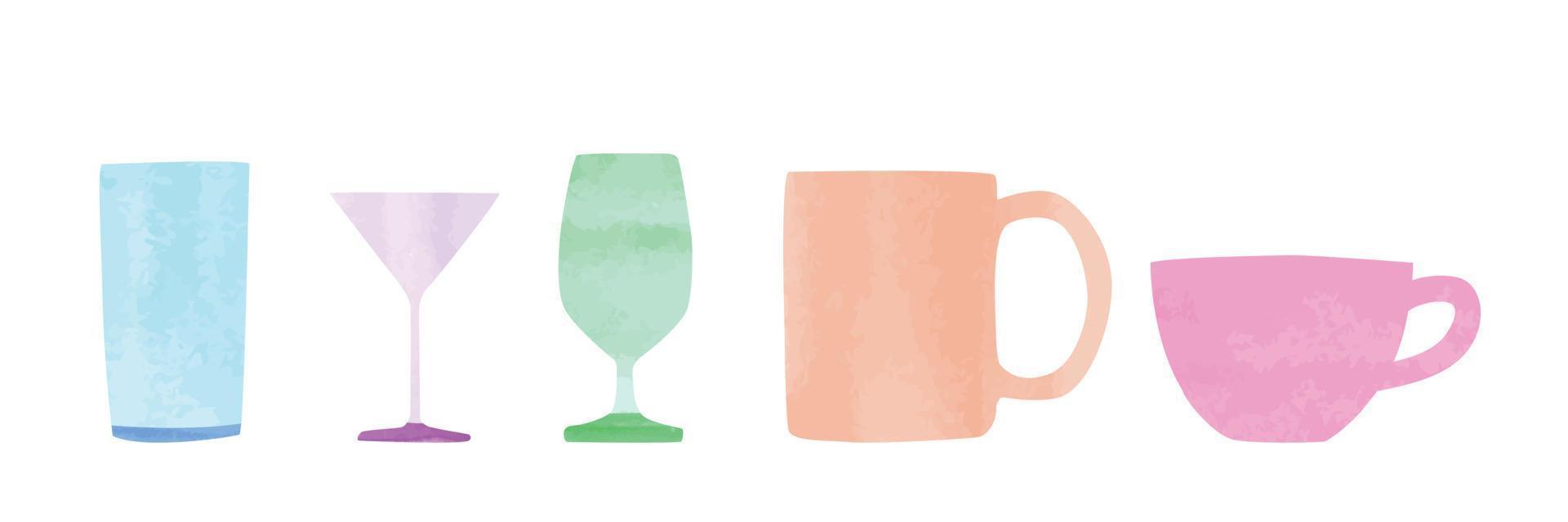 Set of watercolor empty glassware vector illustration. Empty glassware clipart. Cocktail glass, water goblet. mug, teacup clipart. Minimalist glasses cartoon drawing hand drawn doodle style