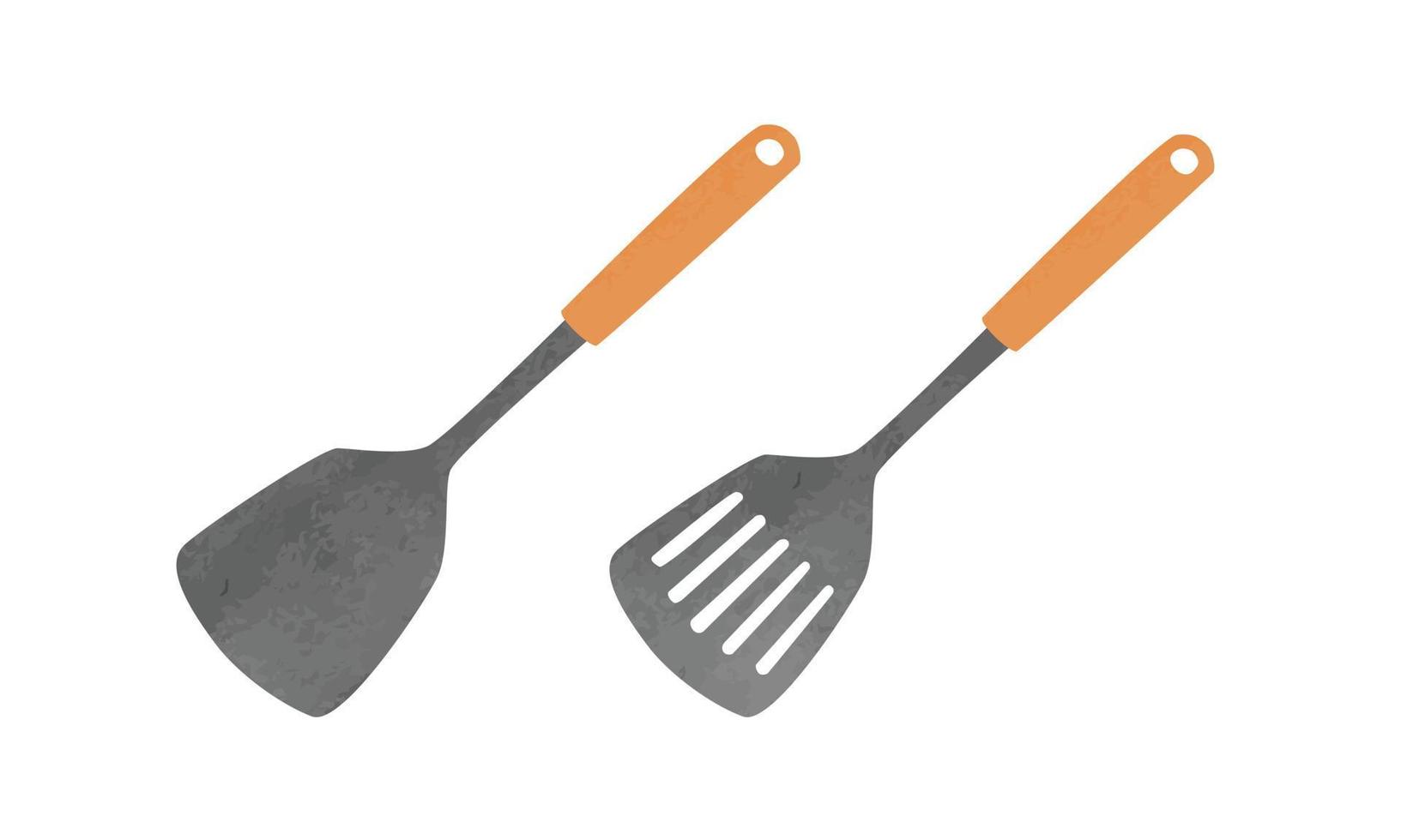 Set of kitchen spatula with wooden handle watercolor vector illustration isolated on white background. Solid spatula and slotted spatula hand drawn cartoon. Simple solid and slotted spatula clipart