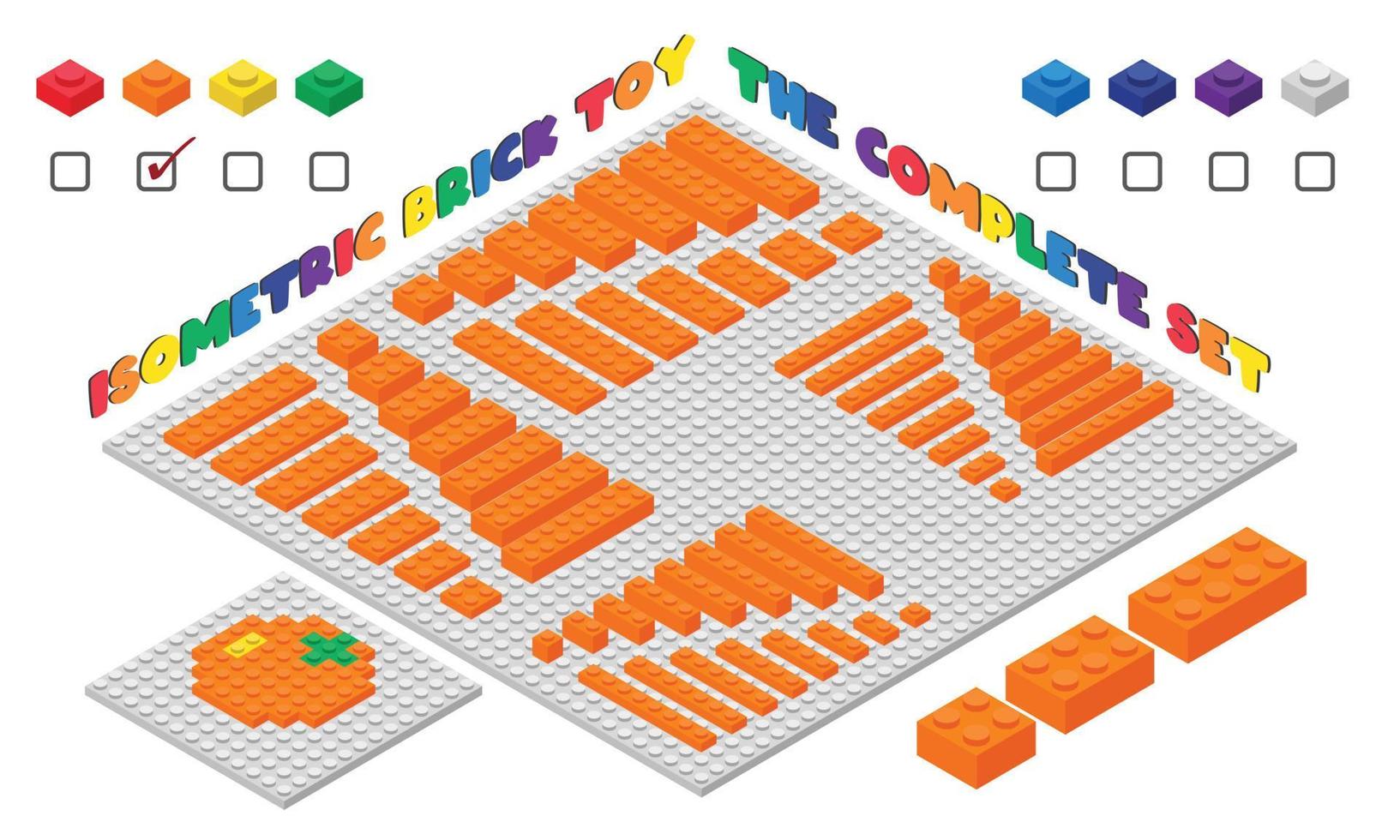 el conjunto completo de estilo isométrico de juguete de ladrillo para niños 3d naranja. Ilustración de vector de juguete de bloques de construcción de plástico aislado en blanco. diseño plano de juguete de ladrillo de construcción cuadrada. juego de juguetes de ladrillos de plástico