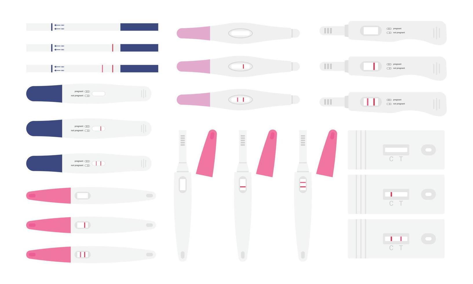 conjunto de diferentes resultados de la prueba de embarazo ilustración vectorial. prueba de embarazo positiva y negativa con 1 raya y 2 rayas clipart de diseño plano. reproductiva femenina, planificación del concepto de embarazo vector