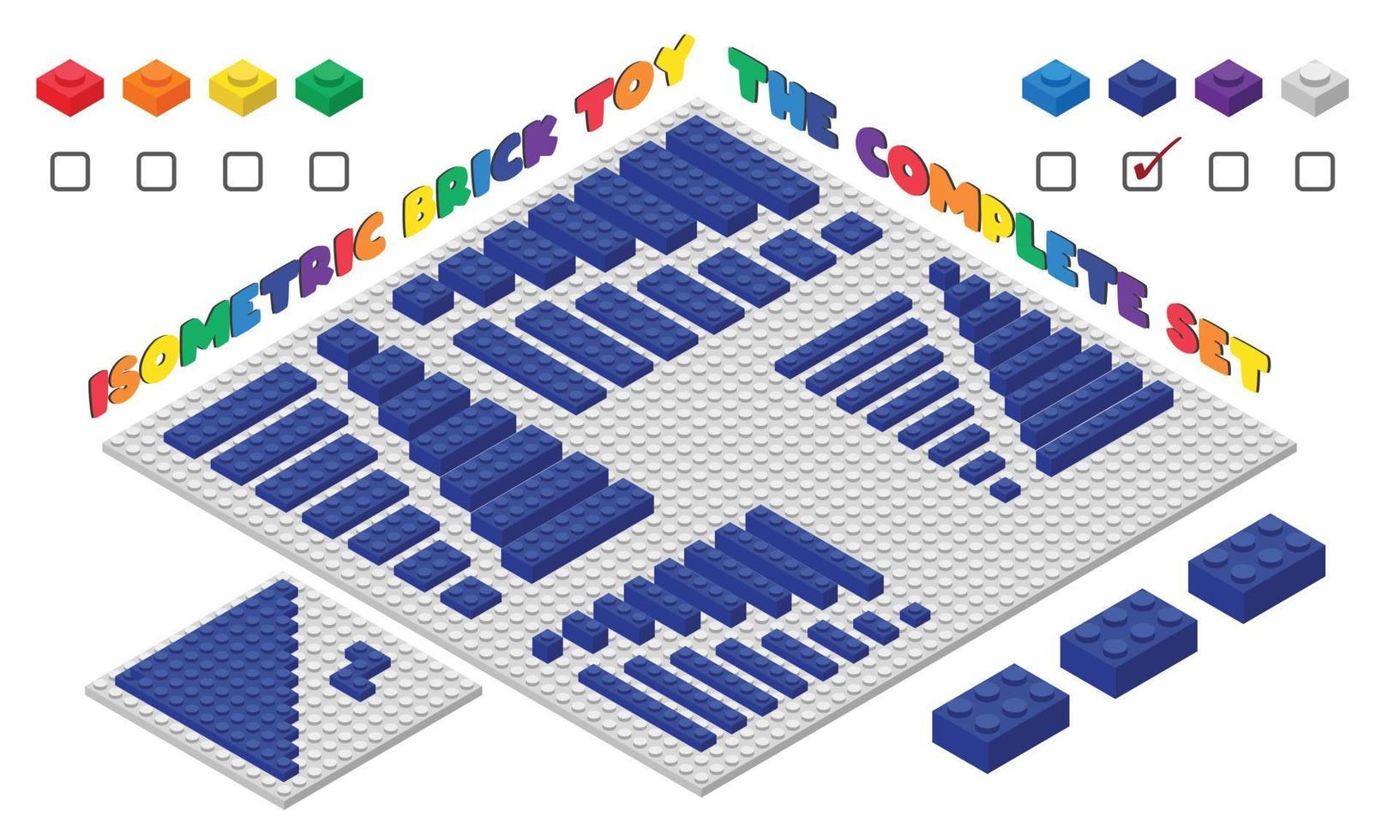 The complete set of INDIGO 3d children brick toy in isometric style. Plastic building blocks toy vector illustration isolated on white. Square building brick toy flat design. Plastic brick toy set