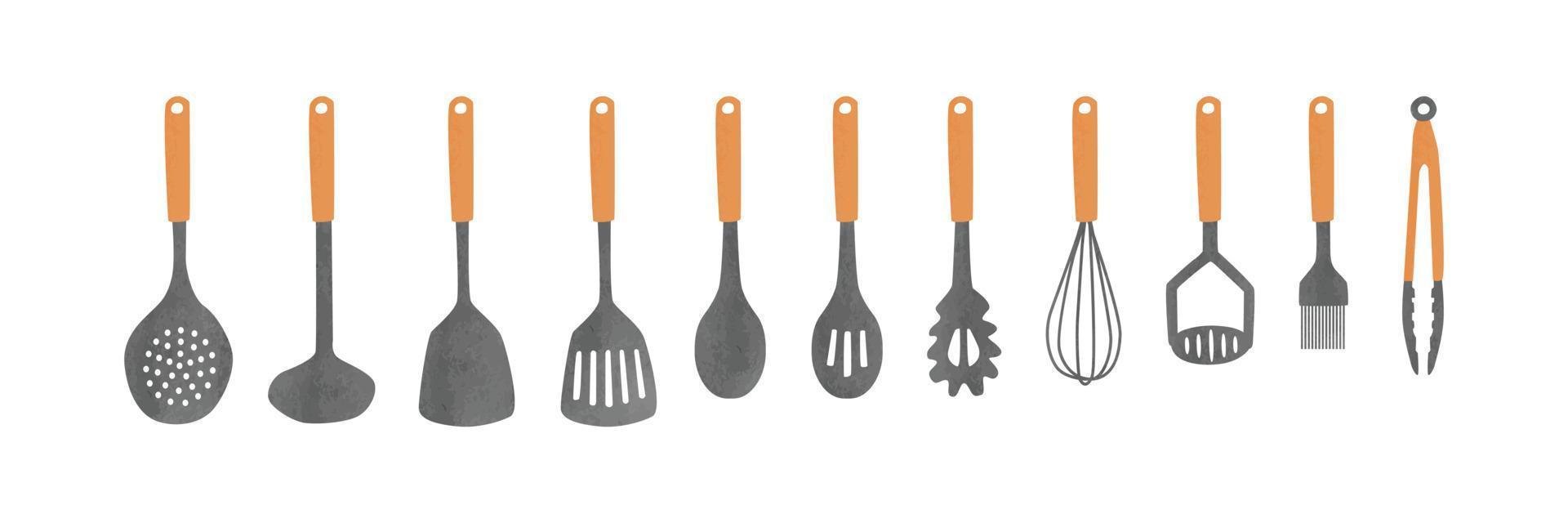 conjunto de herramientas de cocina con imágenes prediseñadas de mango de madera. herramientas de cocina conjunto vector acuarela aislado en blanco. espumadera, cucharón, espátula ranurada, cuchara, servidor de pasta, batidor, machacador de papas, cepillo para rociar, pinzas