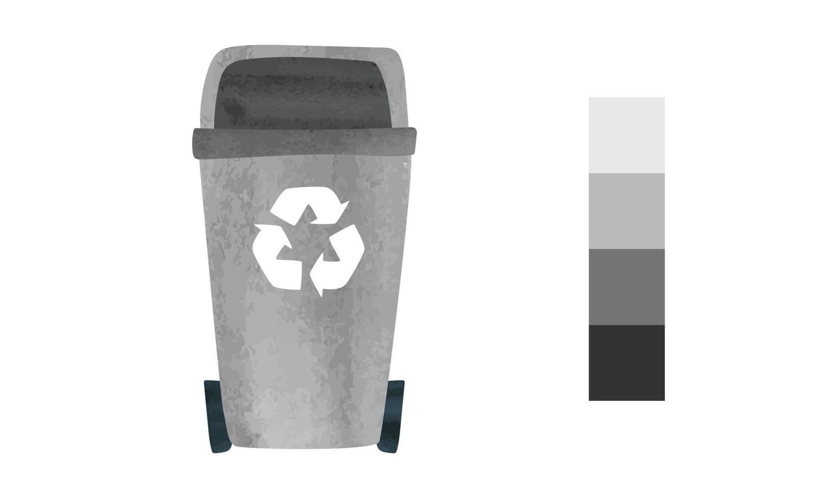 Grey recycling bin with recycle symbol watercolor drawing isolated on white background. Recycle bin clipart. Rubbish can vector illustration. Simple garbage can hand drawn cartoon