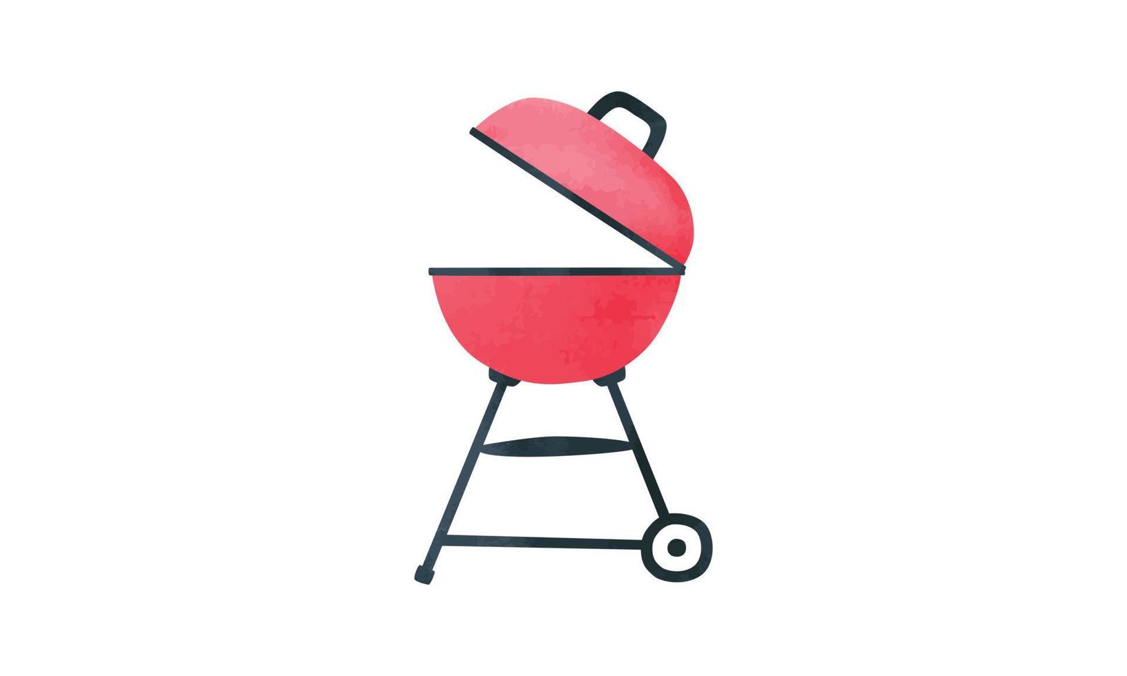 Red kettle barbecue grill watercolor style. Round barbecue grill vector illustration isolated on white background. Kettle barbecue grill clipart. Barbecue grill cartoon drawing. Device for frying food