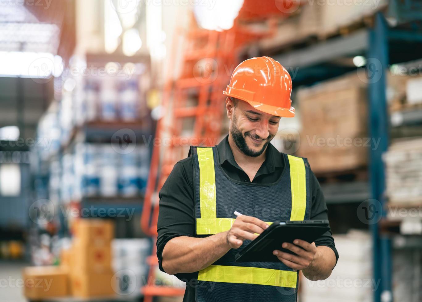 Professional manager man employee using tablet check stock working at