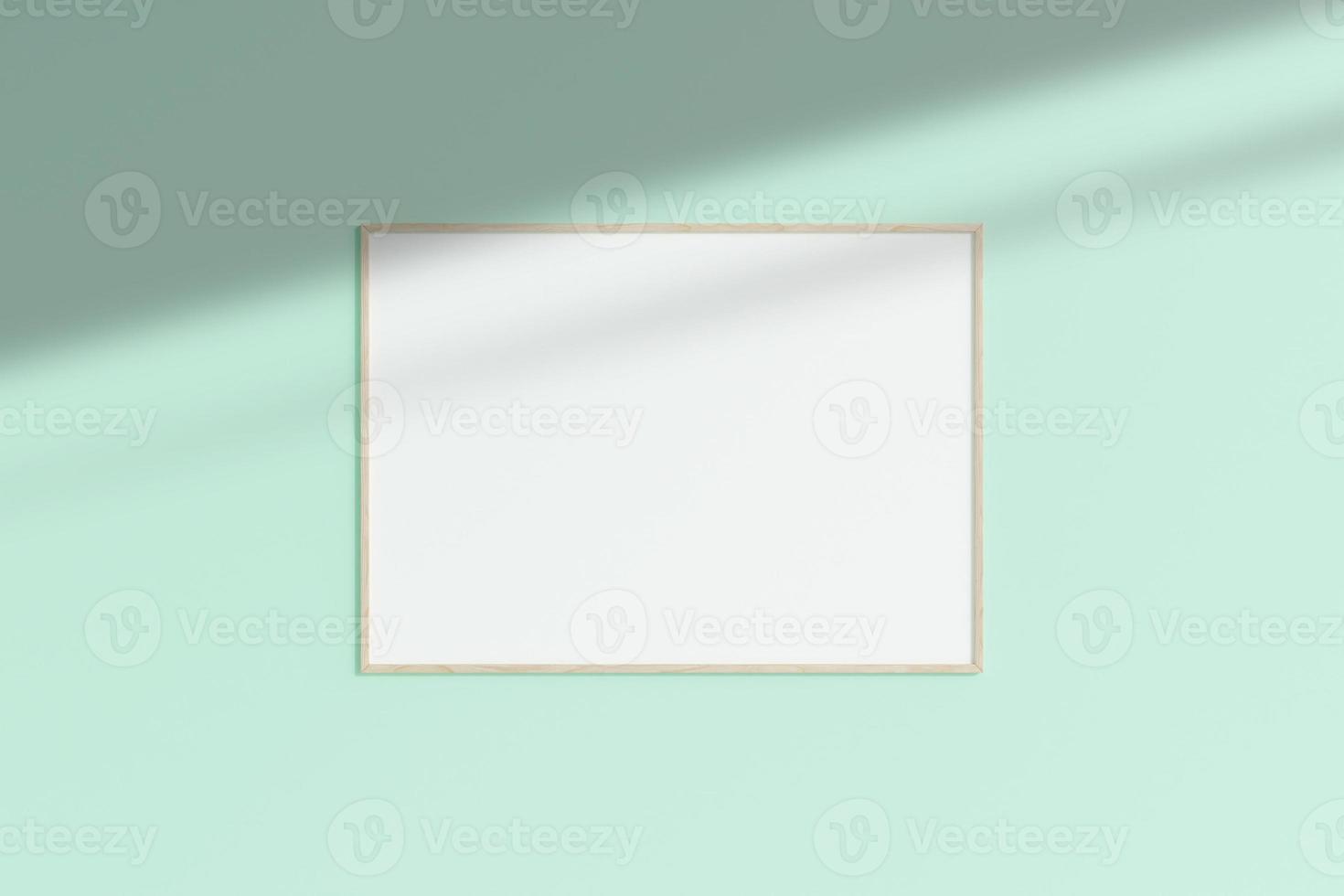 Realistic wooden horizontal photo frame mockup hanging on empty wall room with shadow. 3d rendering.