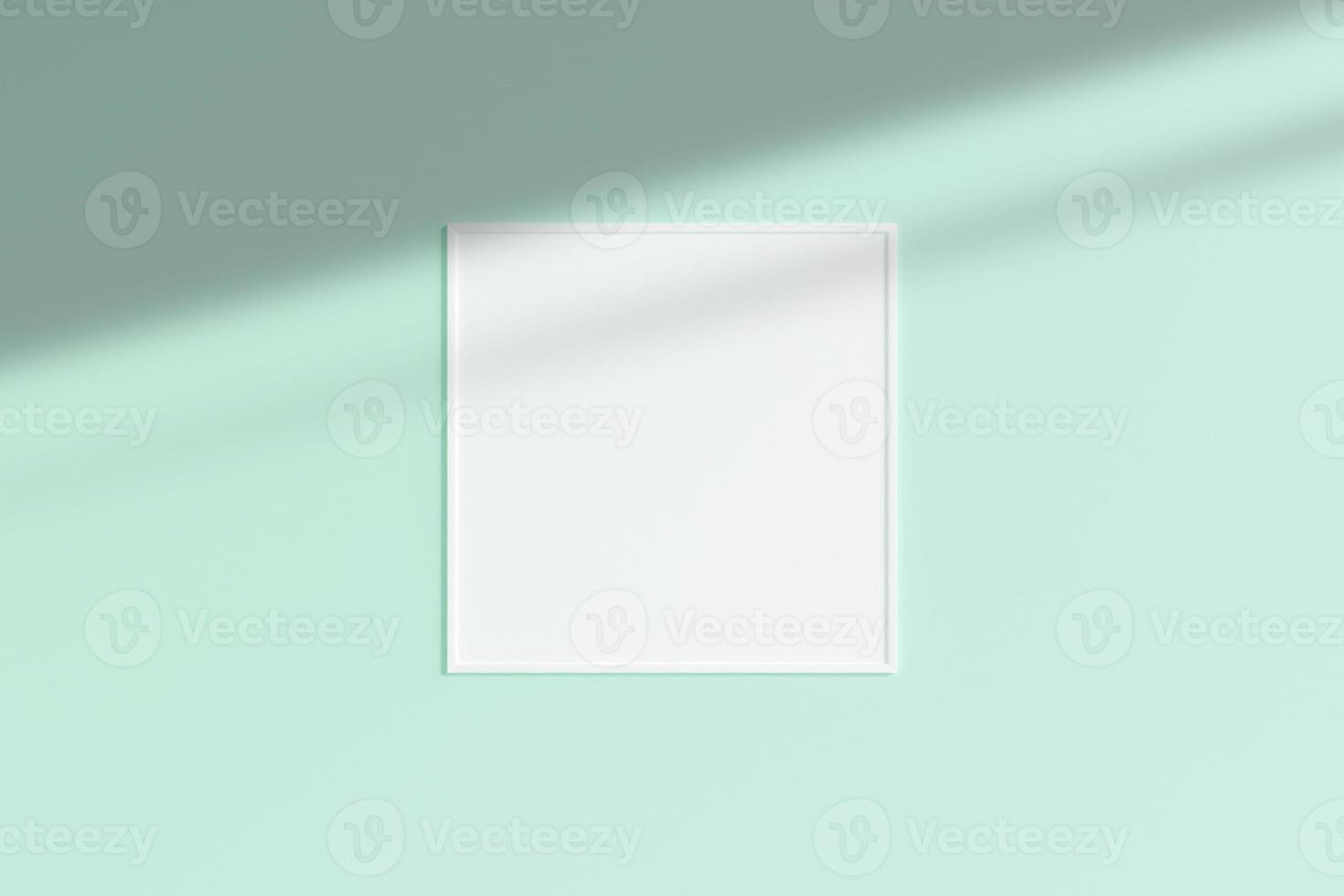 Realistic white square photo frame mockup hanging on empty wall room with shadow. 3d rendering.