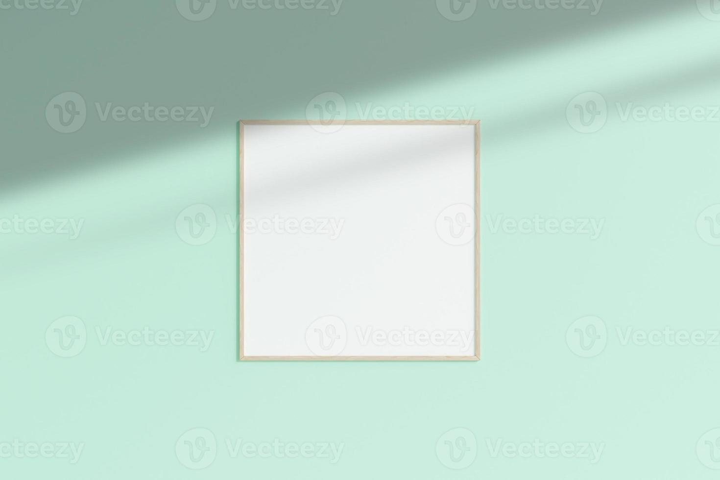Realistic wooden square photo frame mockup hanging on empty wall room with shadow. 3d rendering.