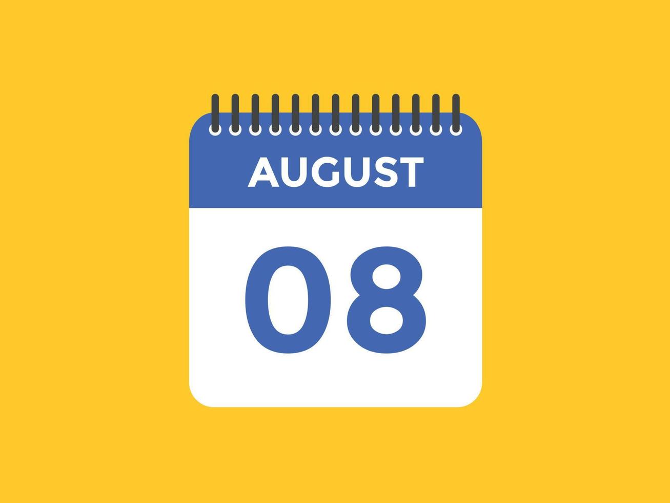 Recordatorio del calendario del 8 de agosto. Plantilla de icono de calendario diario del 8 de agosto. plantilla de diseño de icono de calendario 8 de agosto. ilustración vectorial vector