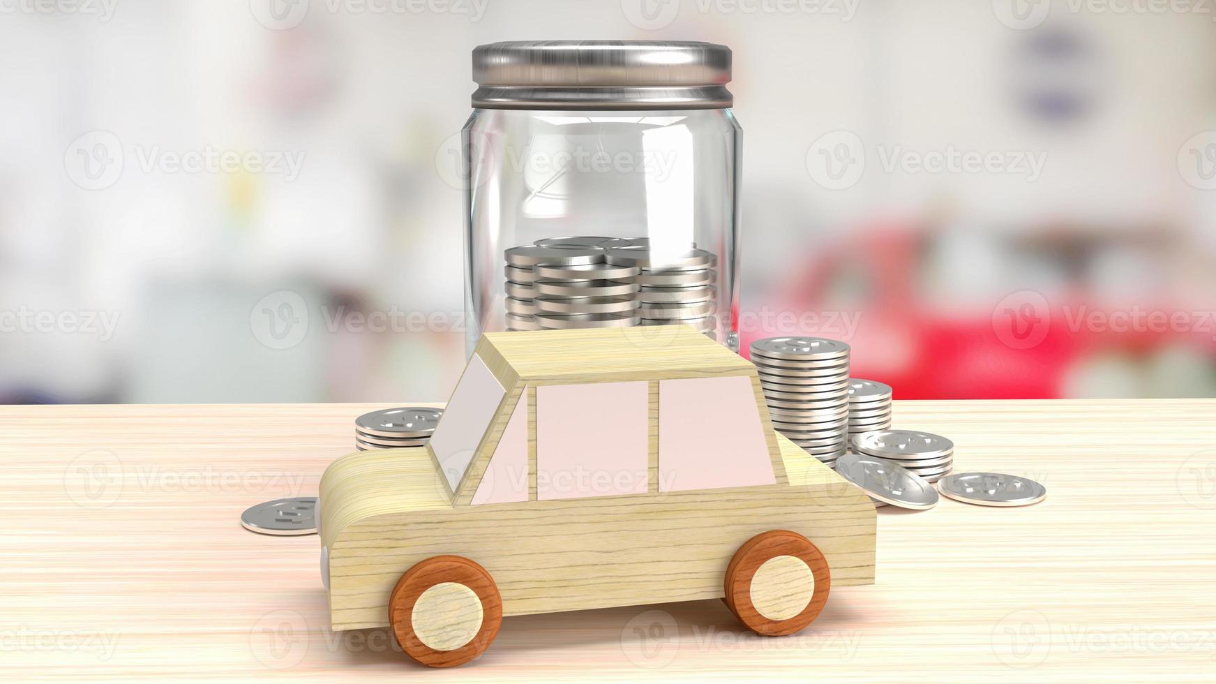 The car wood toy and jar coins for saving concept 3d rendering photo