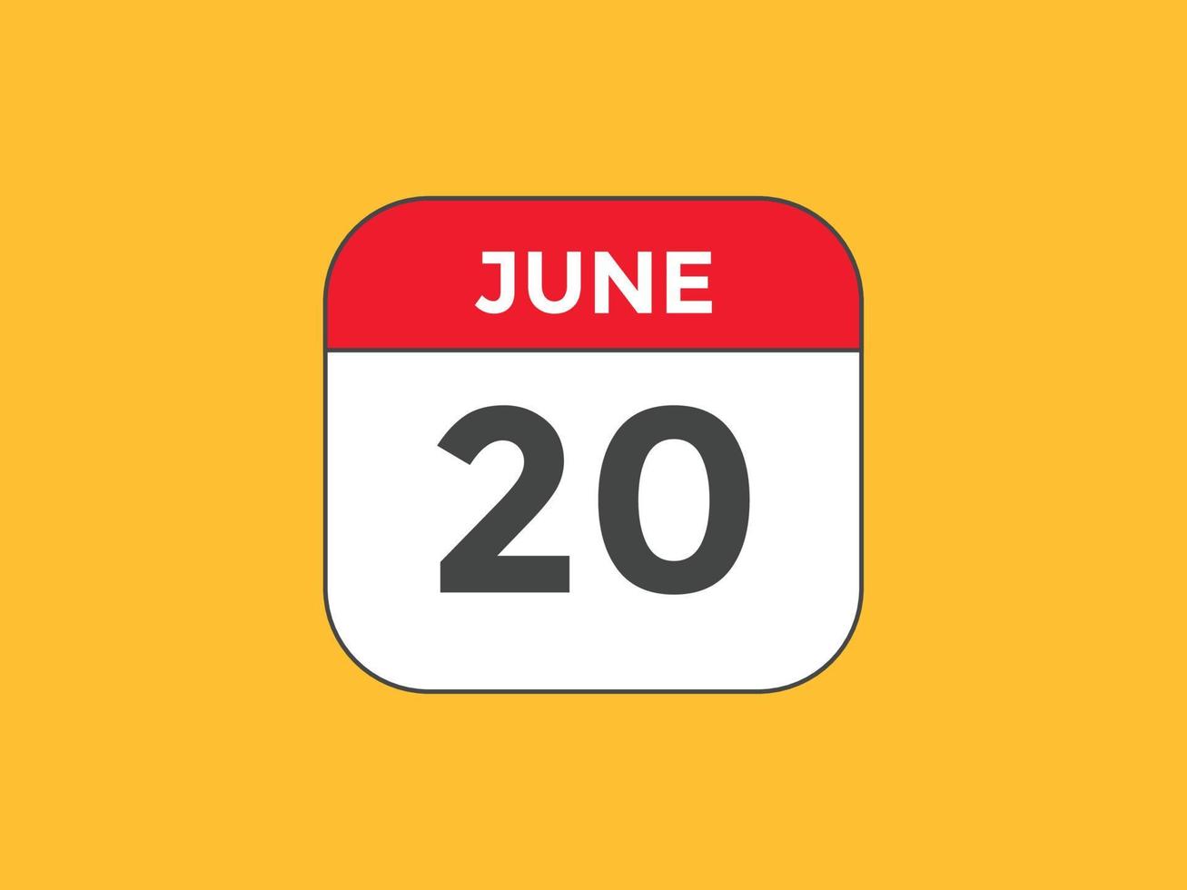 june 20 calendar reminder. 20th june daily calendar icon template. Calendar 20th june icon Design template. Vector illustration