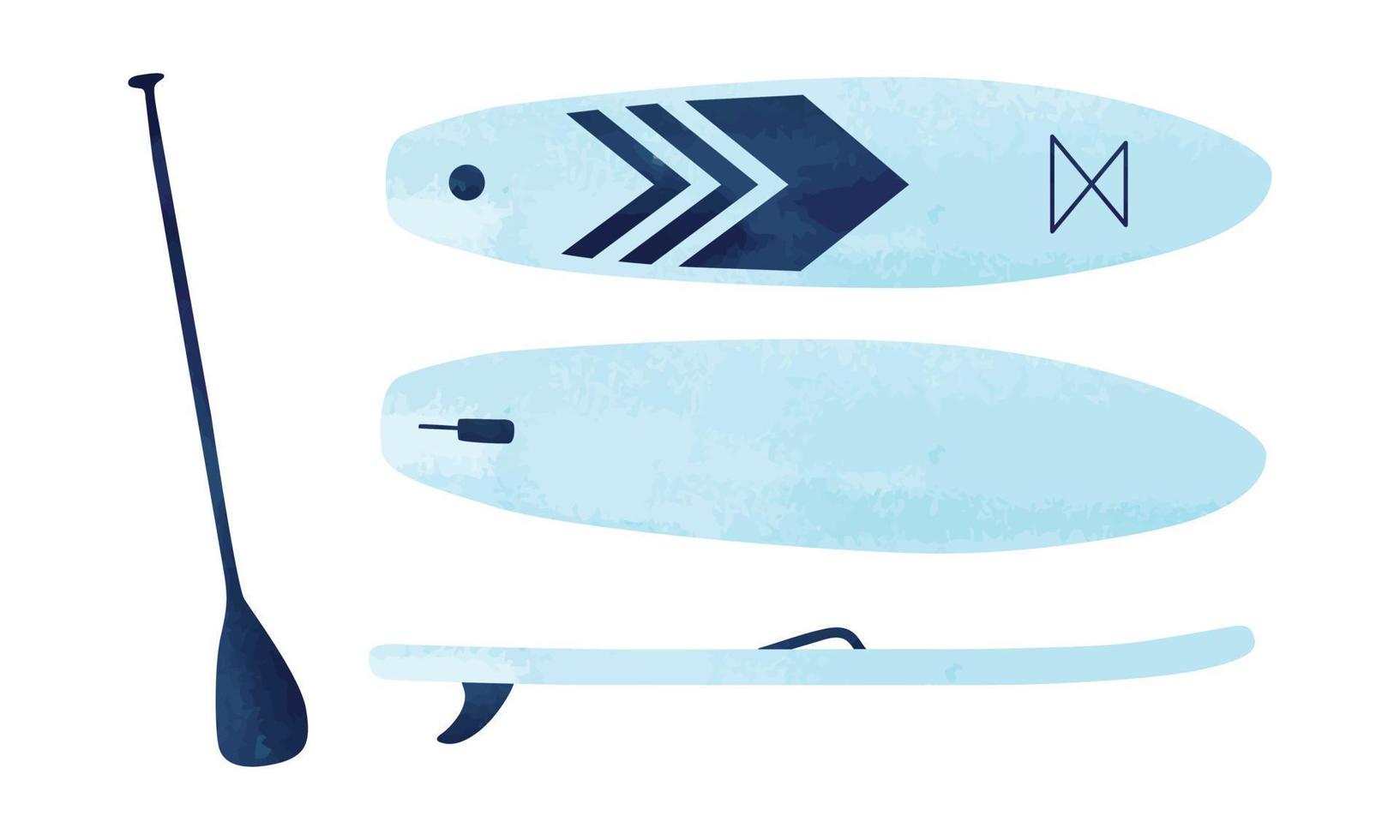 Paddle board or sup board clipart. Collage of sup board with paddle watercolor style vector illustration isolated on white background. Surf sup board with top , bottom and side view cartoon hand drawn