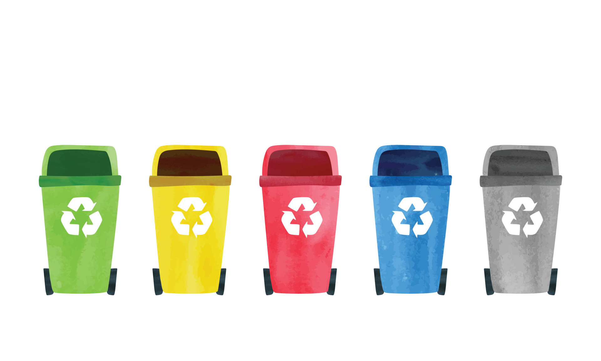 conjunto de papelera de reciclaje multicolor con dibujo de acuarela de