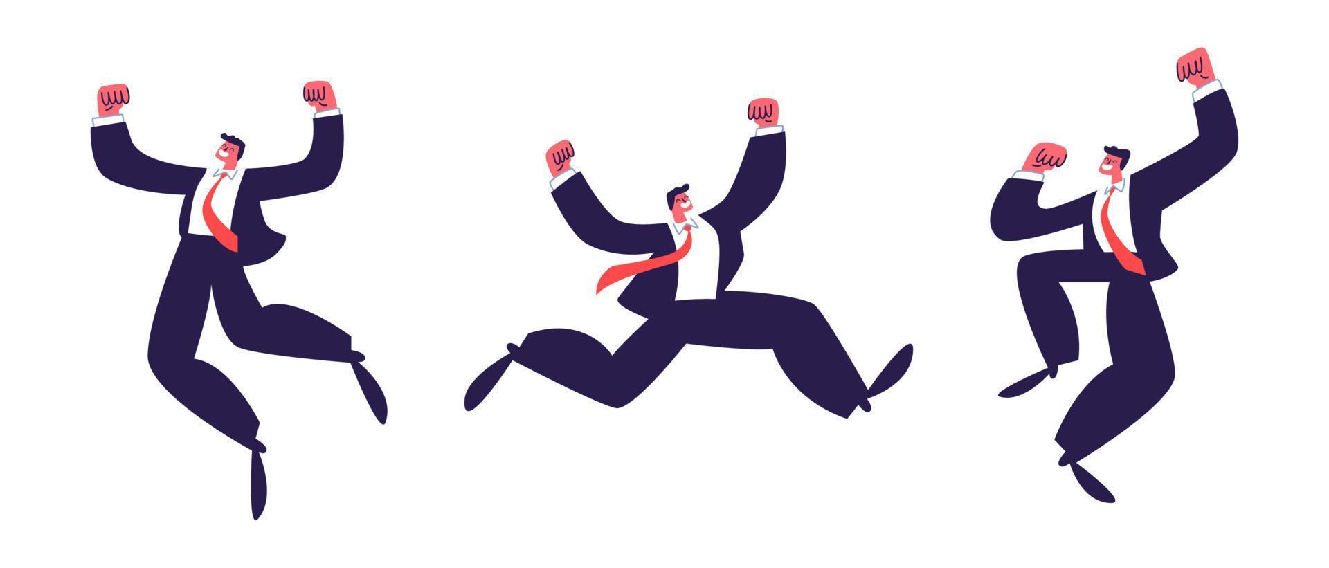 gente feliz saltando. un grupo de oficinistas con traje y corbata roja saltando alegremente y agitando los brazos y las piernas. ilustración de stock vectorial aislada sobre fondo blanco. vector