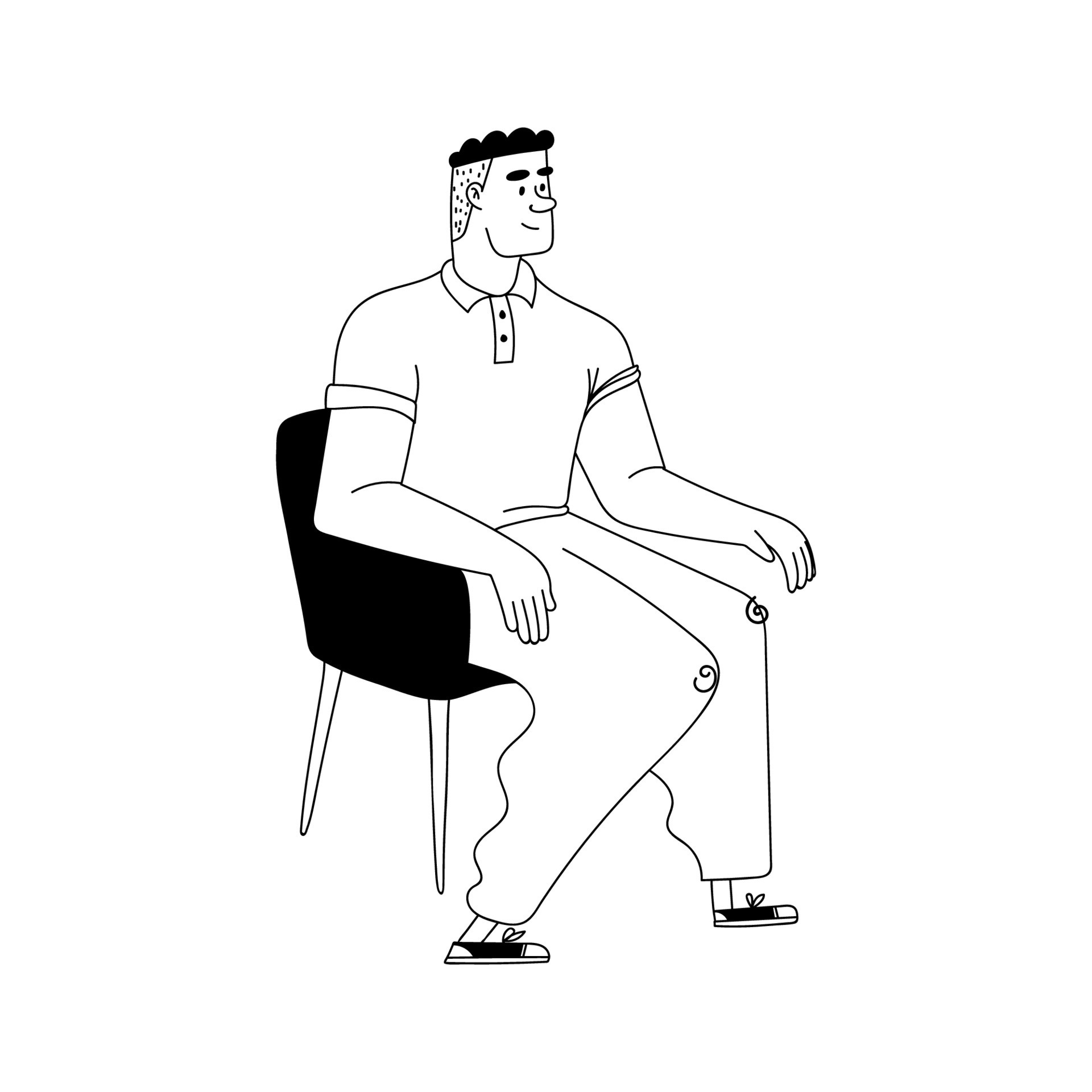 The man is sitting on a chair. Cartoon doodle man hand drawn outline