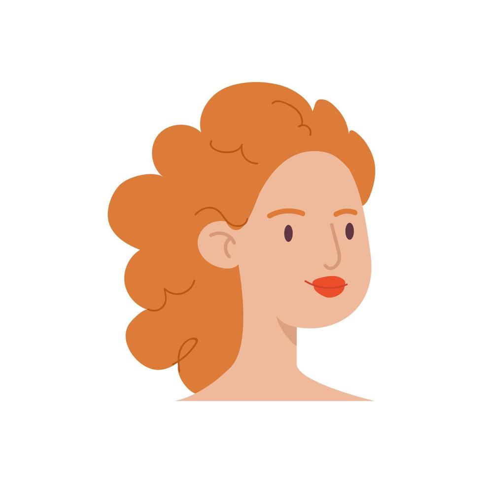 Cartoon face of a red-haired woman. Head of a curly girl with red lipstick. Female avatar illustration vector isolated on white background.