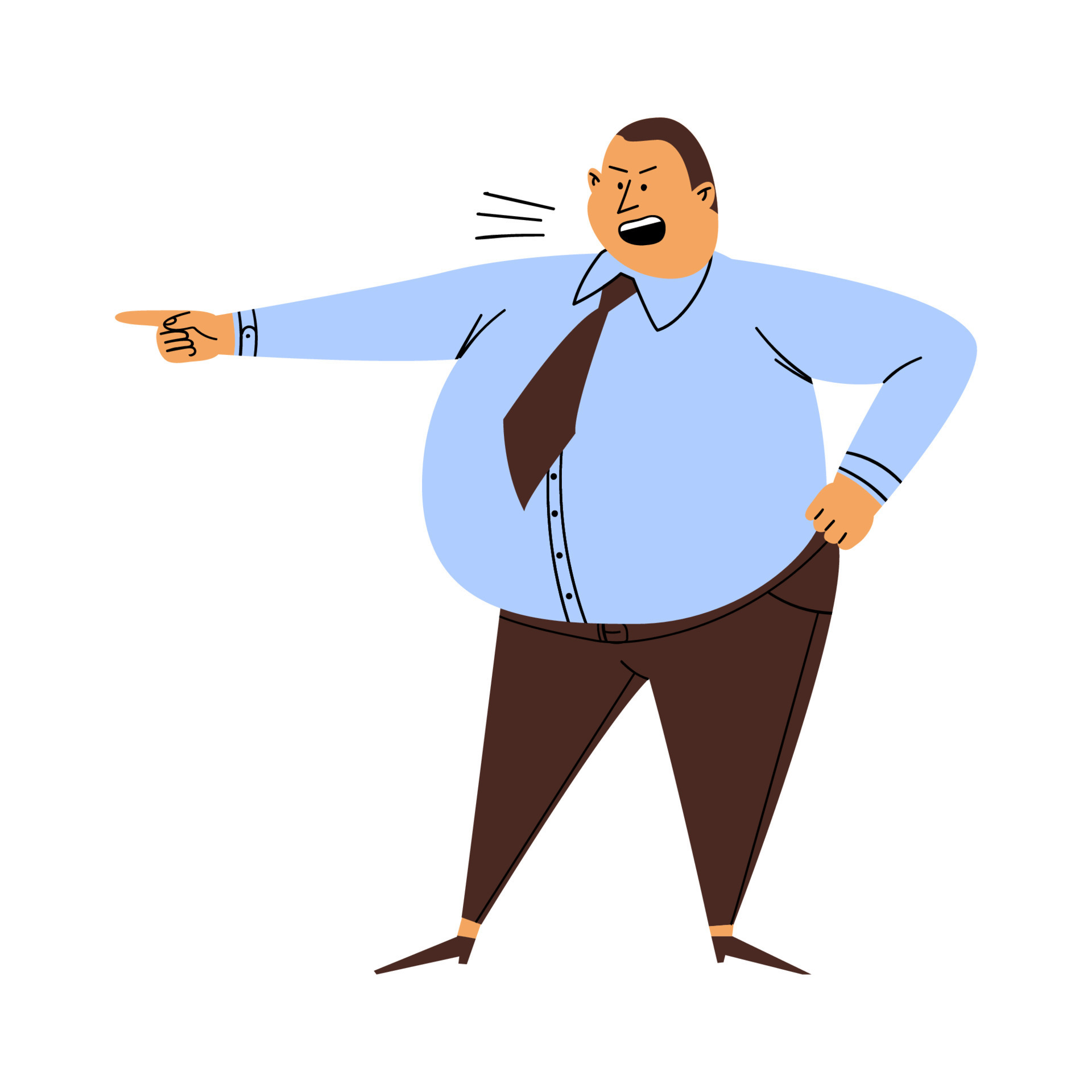 Angry boss isolated. A cartoon man with a big belly screams and points to  the exit. An irritated person in a blue shirt and trousers stands in a pose  on a white